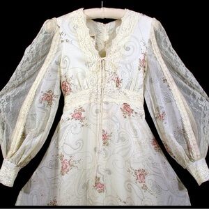 Gunne Sax White and Pink Floral Maxi Dress